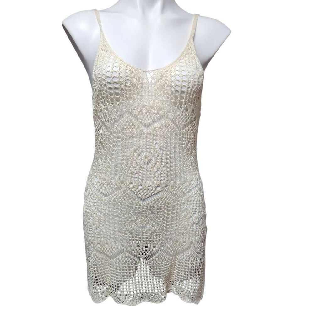 Boutique mini dress coverup open knit crochet cream‎ medium